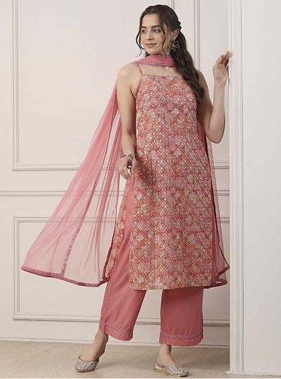 Peach Poly Georgette Floral Thread Work Straight