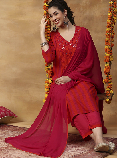 Fuchsia Printed Viscose Rayon Straight Kurta Set
