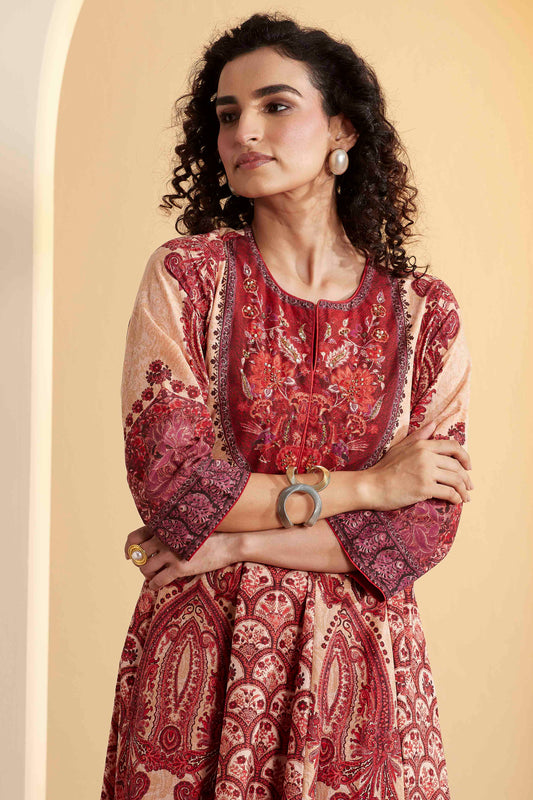 Rust Cotton Printed Anarkali Kurta Set