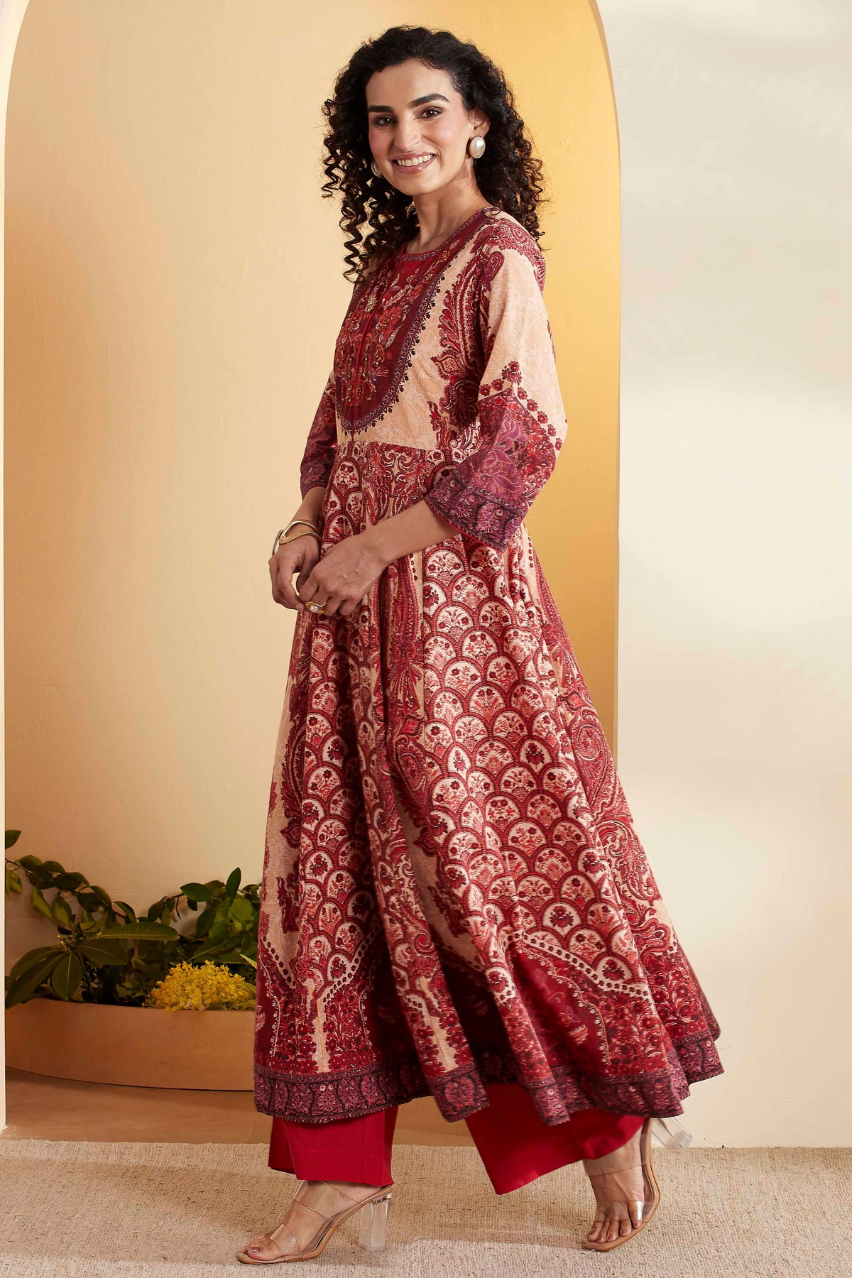 Rust Cotton Printed Anarkali Kurta Set