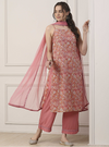Peach Poly Georgette Floral Thread Work Straight