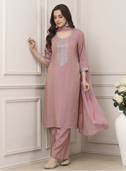 Pink Yoke Embroidered Straight Suit Set