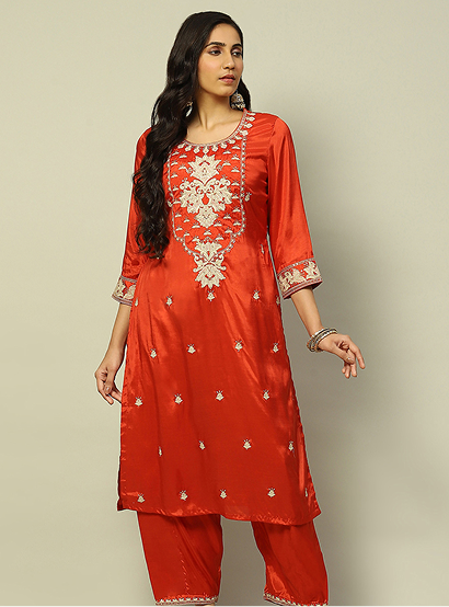Rust Viscose Shantoon Embroidered Straight Kurta