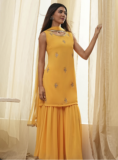 Ochre Yellow Embroidered Straight Suit Set