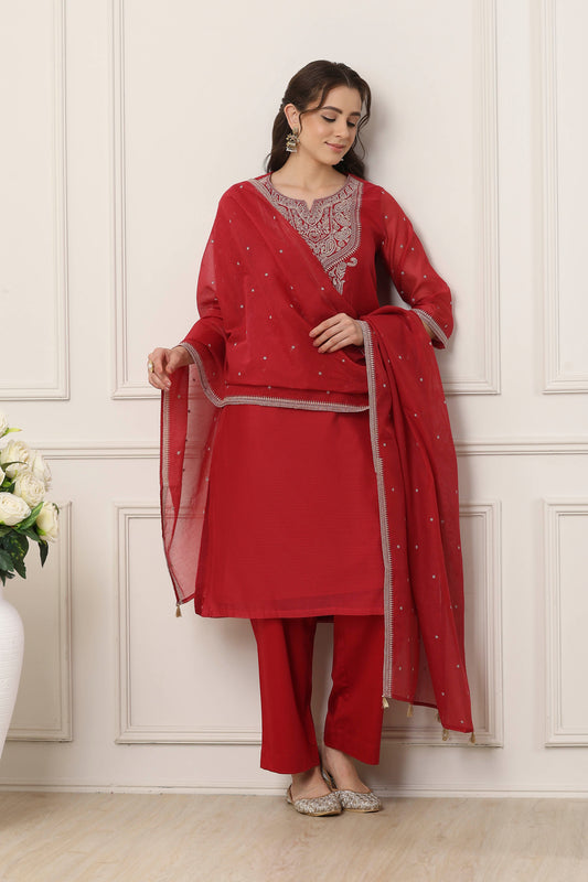 Red Poly Chanderi Yoke Embroidered Straight Suit Set