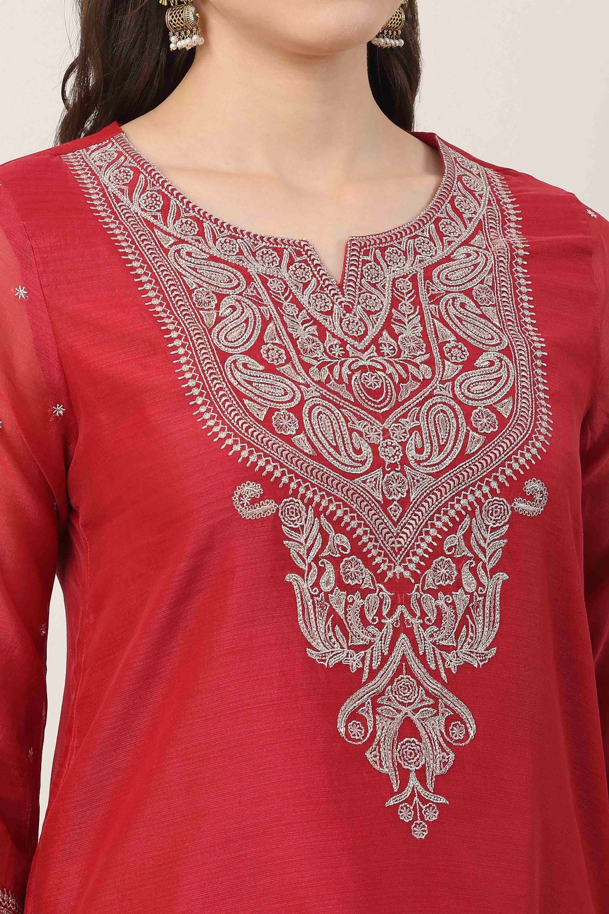 Red Poly Chanderi Yoke Embroidered Straight Suit Set