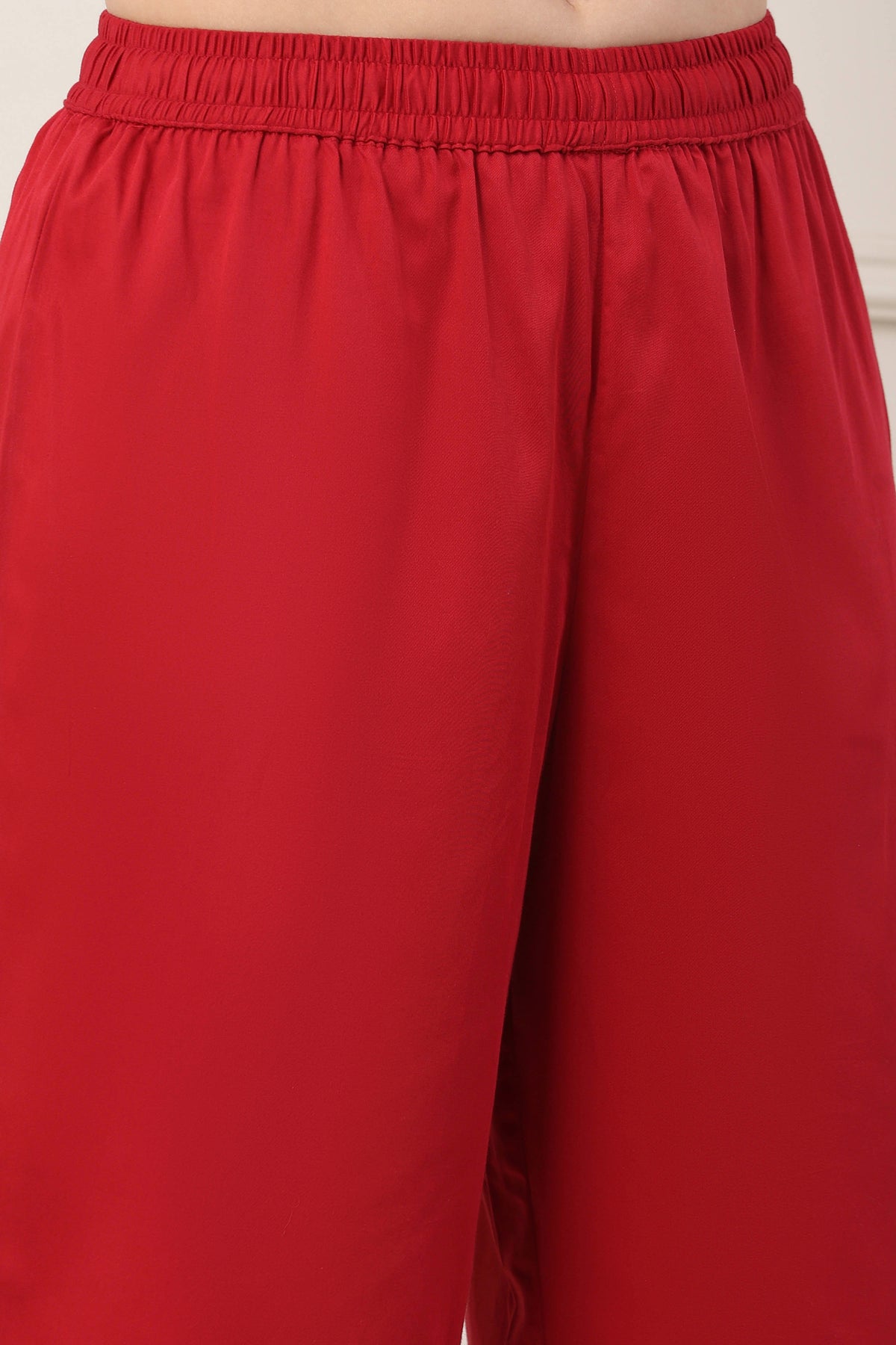 Red Poly Chanderi Yoke Embroidered Straight Suit Set
