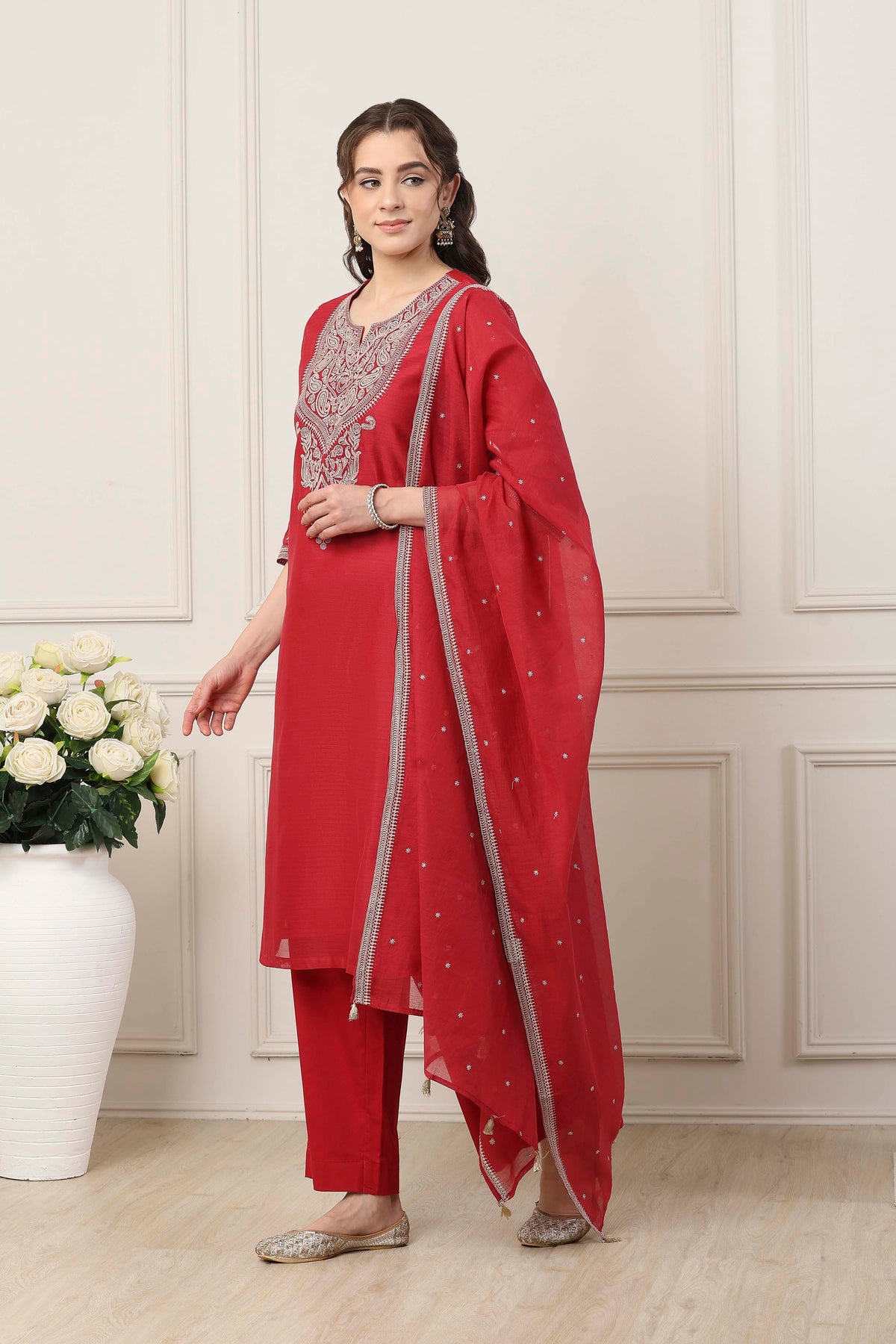 Red Poly Chanderi Yoke Embroidered Straight Suit Set
