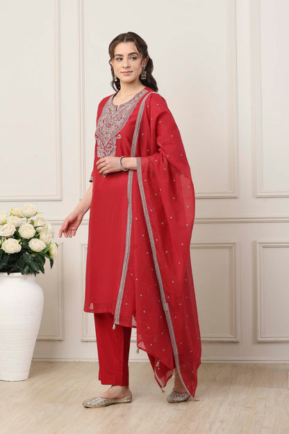 Red Poly Chanderi Yoke Embroidered Straight Suit Set