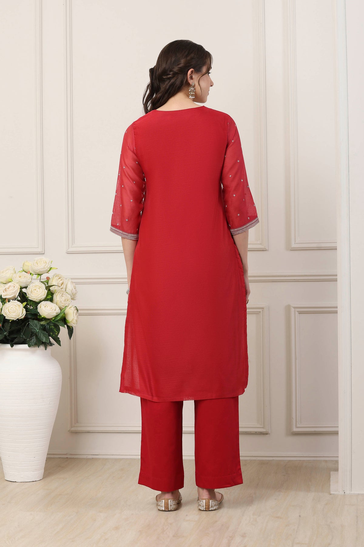 Red Poly Chanderi Yoke Embroidered Straight Suit Set