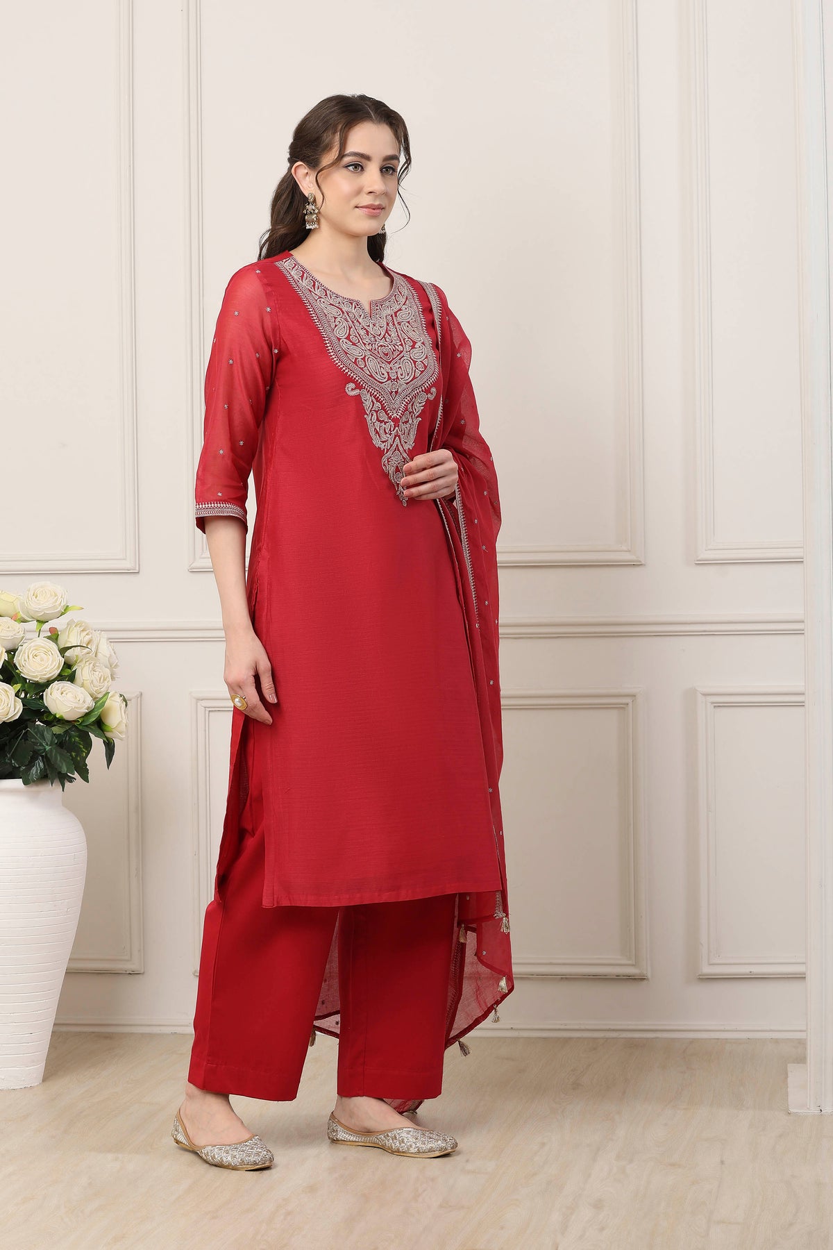 Red Poly Chanderi Yoke Embroidered Straight Suit Set