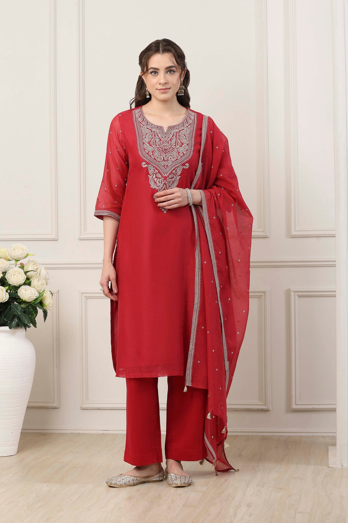 Red Poly Chanderi Yoke Embroidered Straight Suit Set