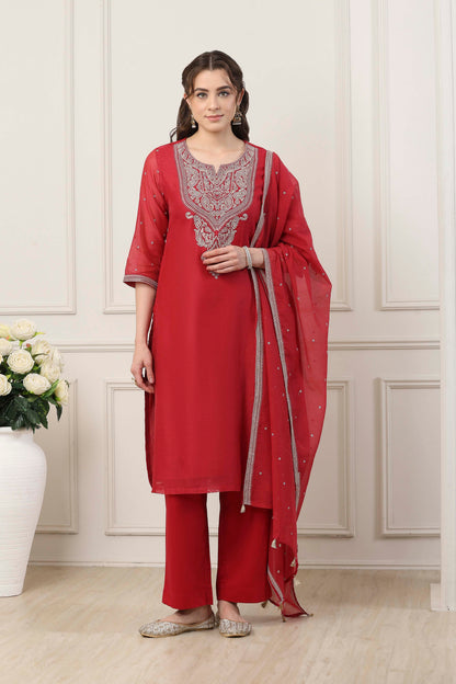 Red Poly Chanderi Yoke Embroidered Straight Suit Set