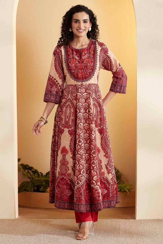 Rust Cotton Printed Anarkali Kurta Set