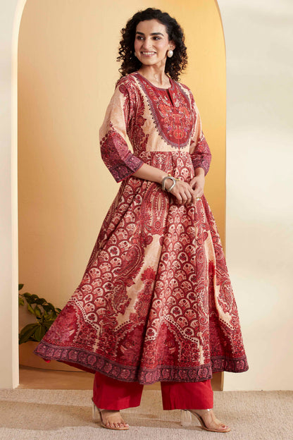 Rust Cotton Printed Anarkali Kurta Set