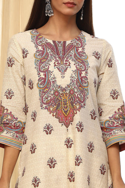 Beige Pure Cotton Printed Straight Suit Set