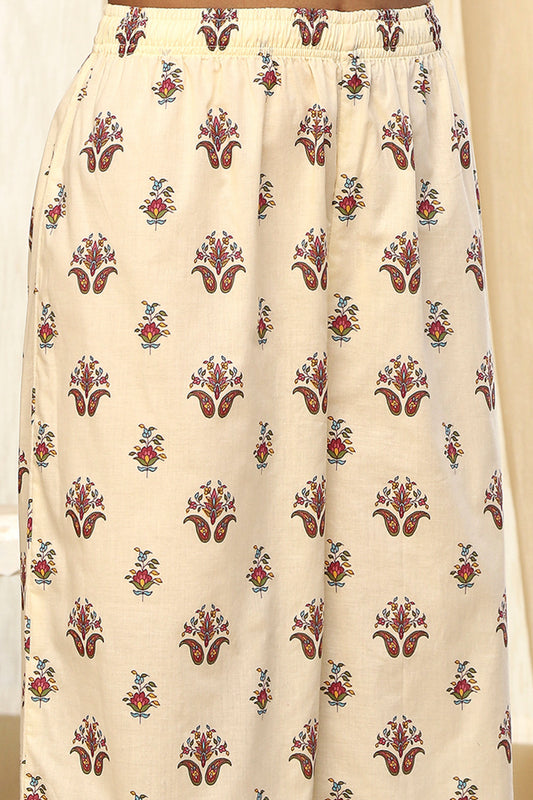 Beige Pure Cotton Printed Straight Suit Set