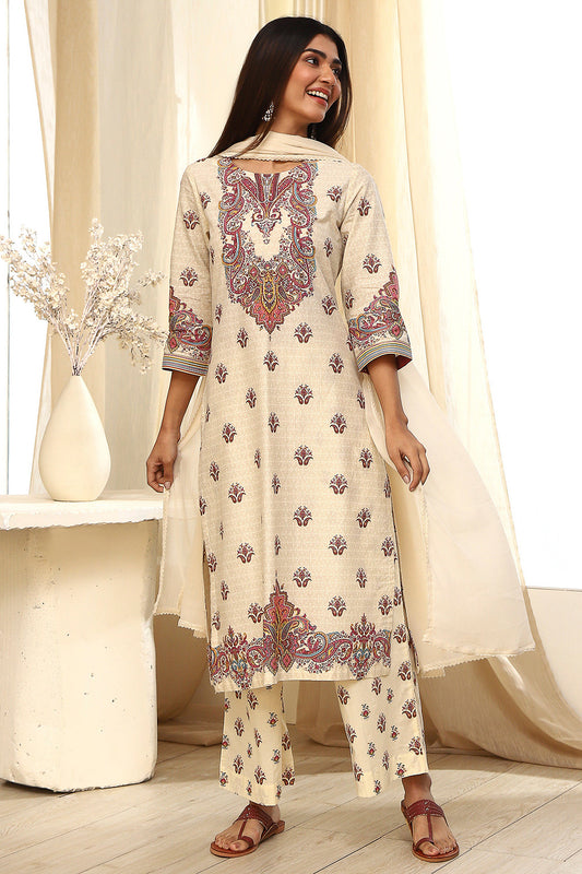 Beige Pure Cotton Printed Straight Suit Set