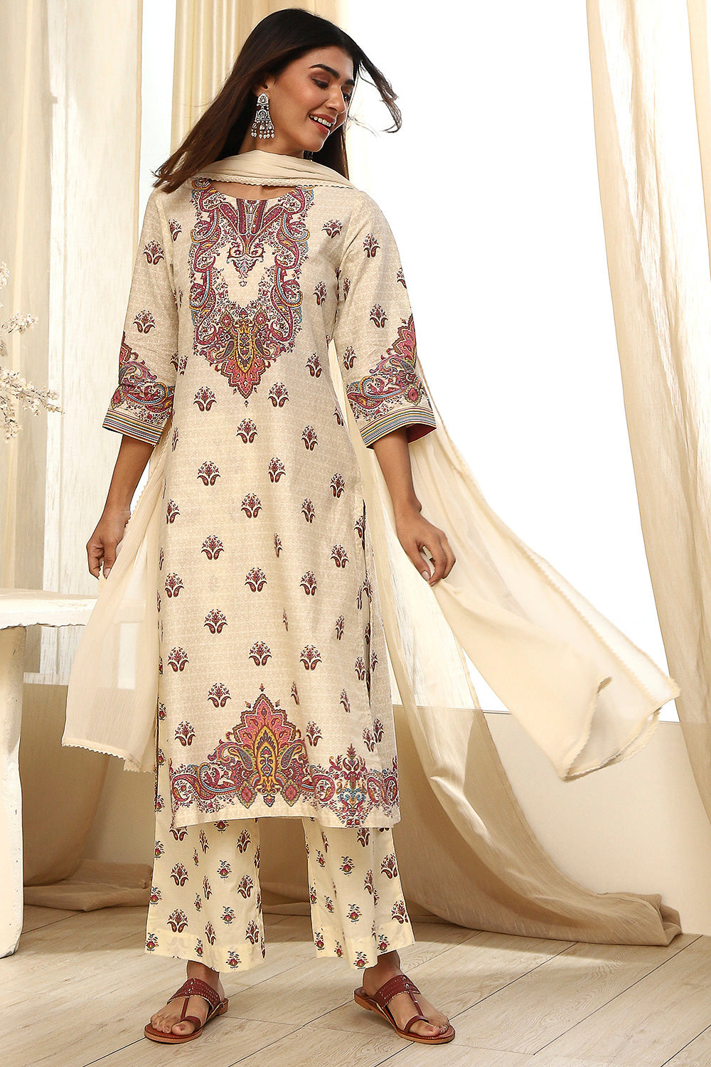Beige Pure Cotton Printed Straight Suit Set