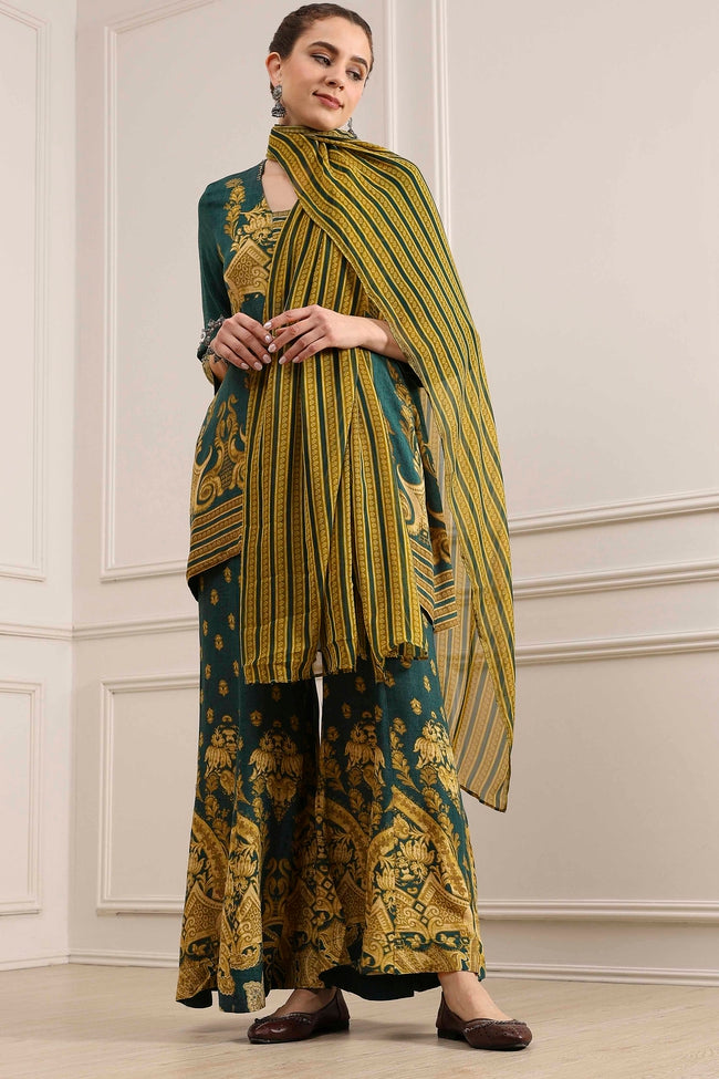 Green Printed Straight Sharara Suit Set